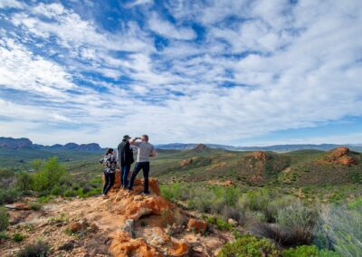 Guests observing the vast Karoo landscape at a lookout point